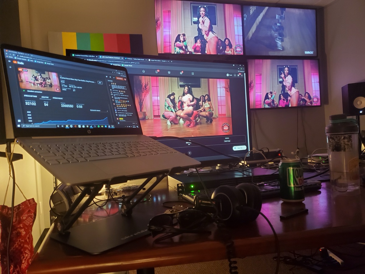 View from the TD desk during a Grubhub Sound Bites broadcast featuring Megan Thee Stallion.
