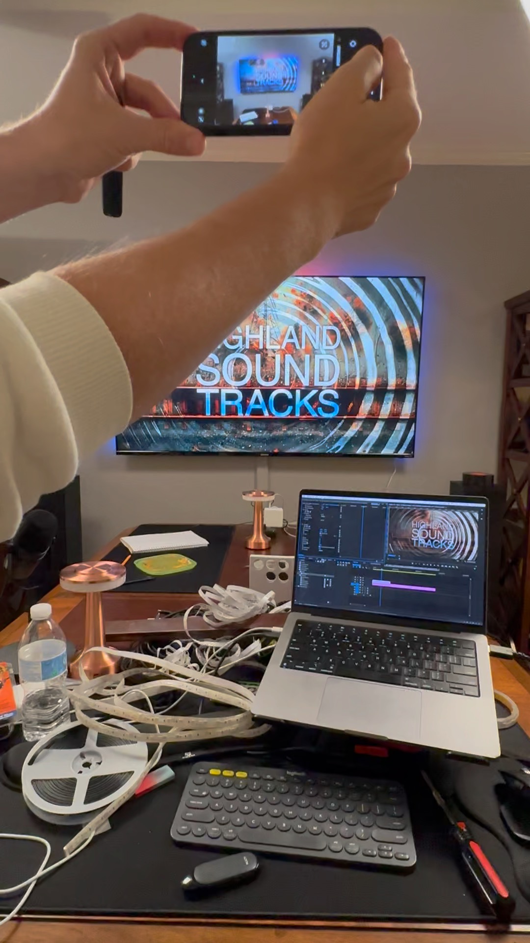 Build in progress: LED strips, After Effects on laptop, HST intro animation on TV