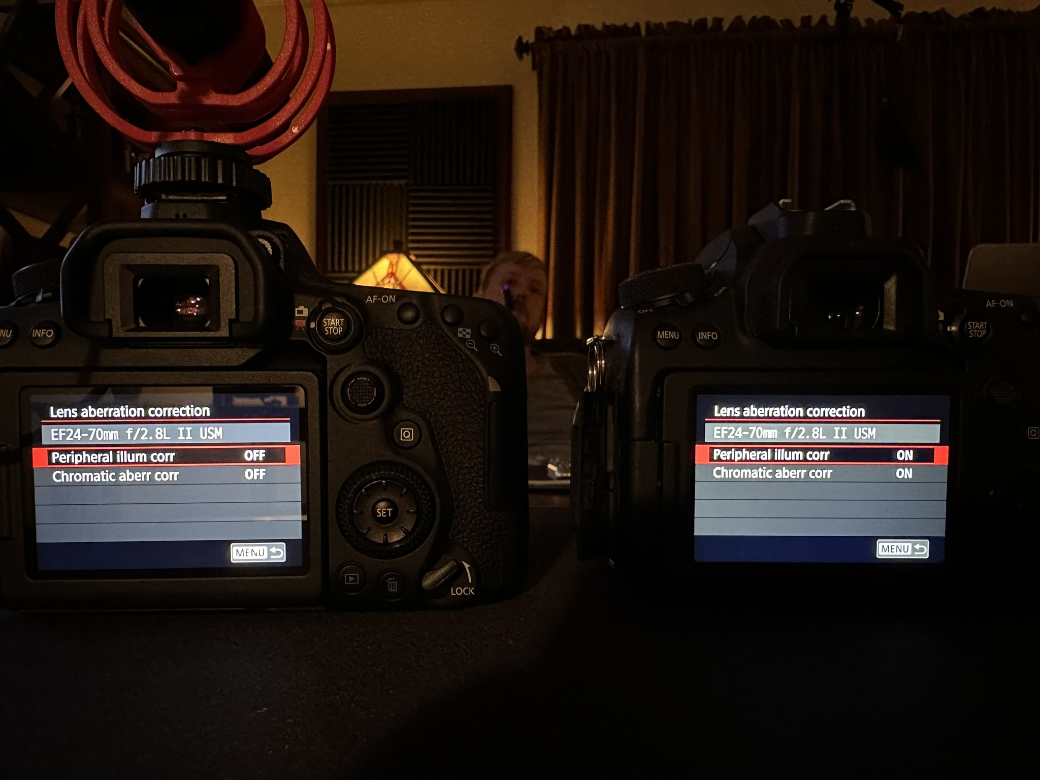 Canon cameras side by side: EF 24-70mm f/2.8L II lens correction settings, acoustic foam in background