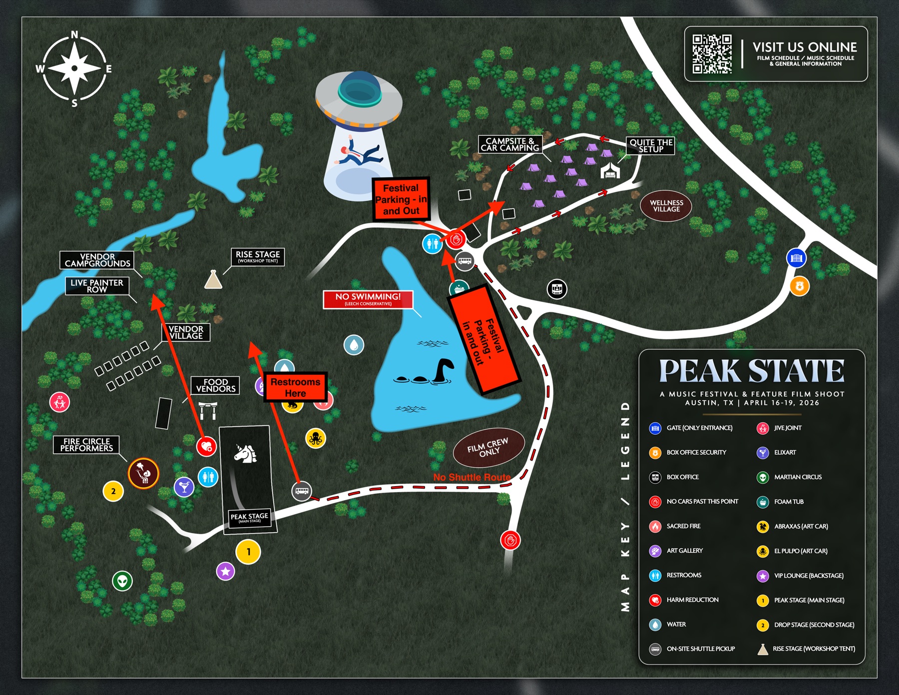 Peak State official illustrated festival map: stages, venues, art cars, food, vendors, parking, the loch ness monster gag in the lake, the UFO over the parking lot