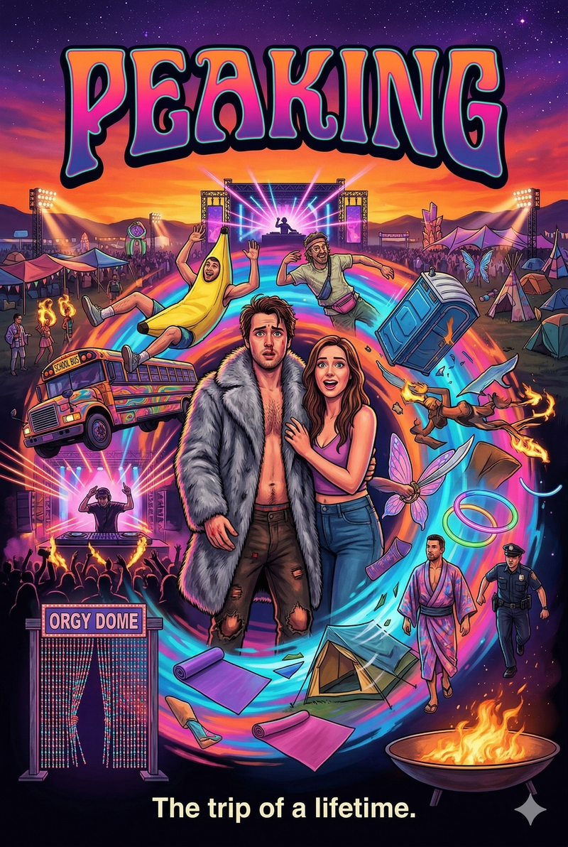 v1 Peaking movie poster: Gemini-generated illustration with cassette tape portal, festival-goers, school bus, DJ booth, Orgy Dome, fire pit, with PEAKING title and 'The trip of a lifetime' tagline