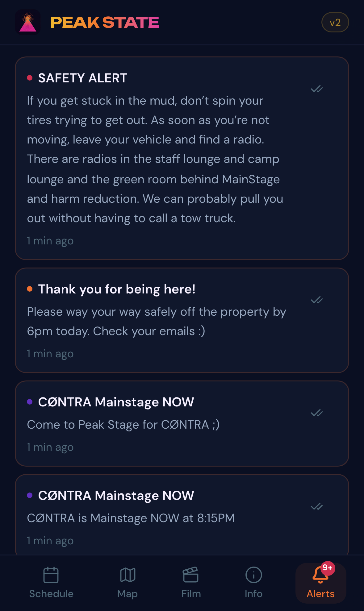Alerts tab: real safety alerts, schedule changes, end-of-event messaging