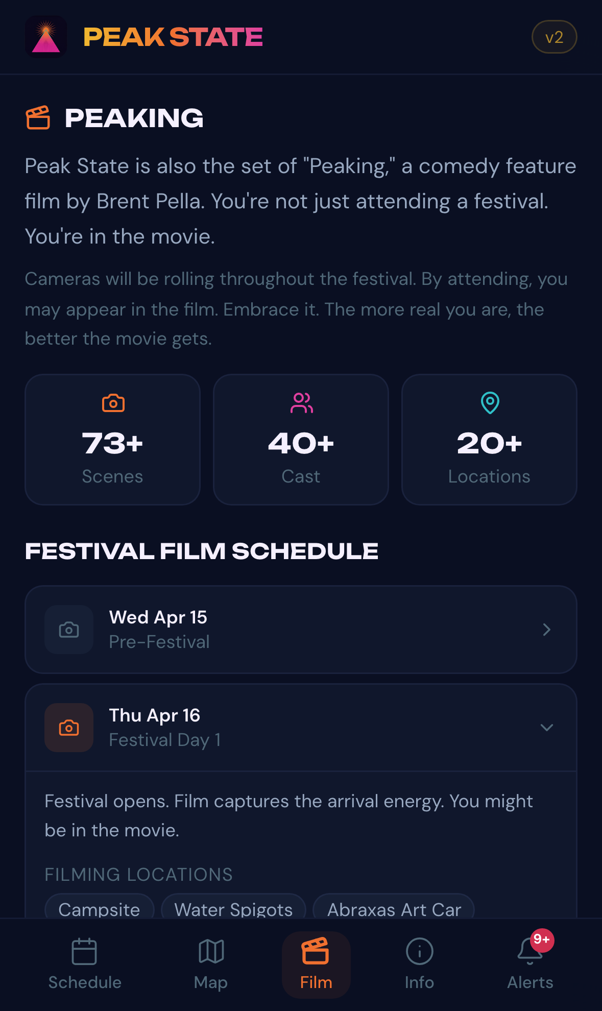Film tab: Peaking film context, 73 scenes, 40 cast, 20 locations, daily film schedule