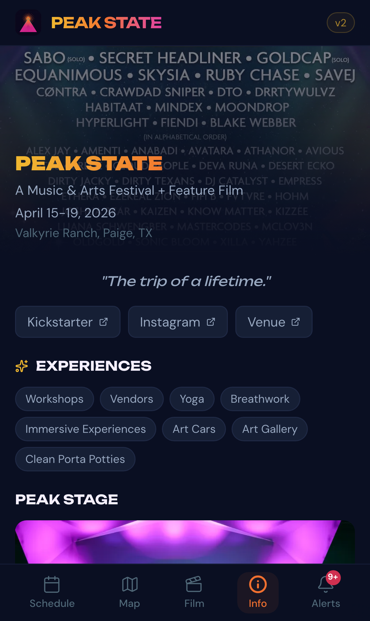 Info tab: tiered artist lineup, "the trip of a lifetime" tagline, Experiences tags, stage gallery