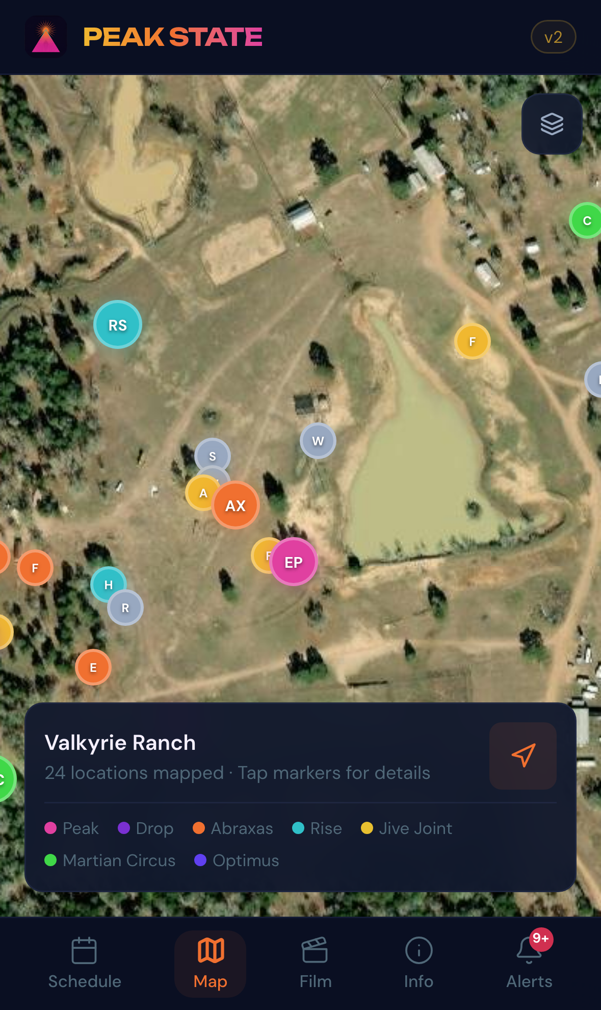 Map tab: satellite imagery of Valkyrie Ranch, 24 GPS pins for stages and venues