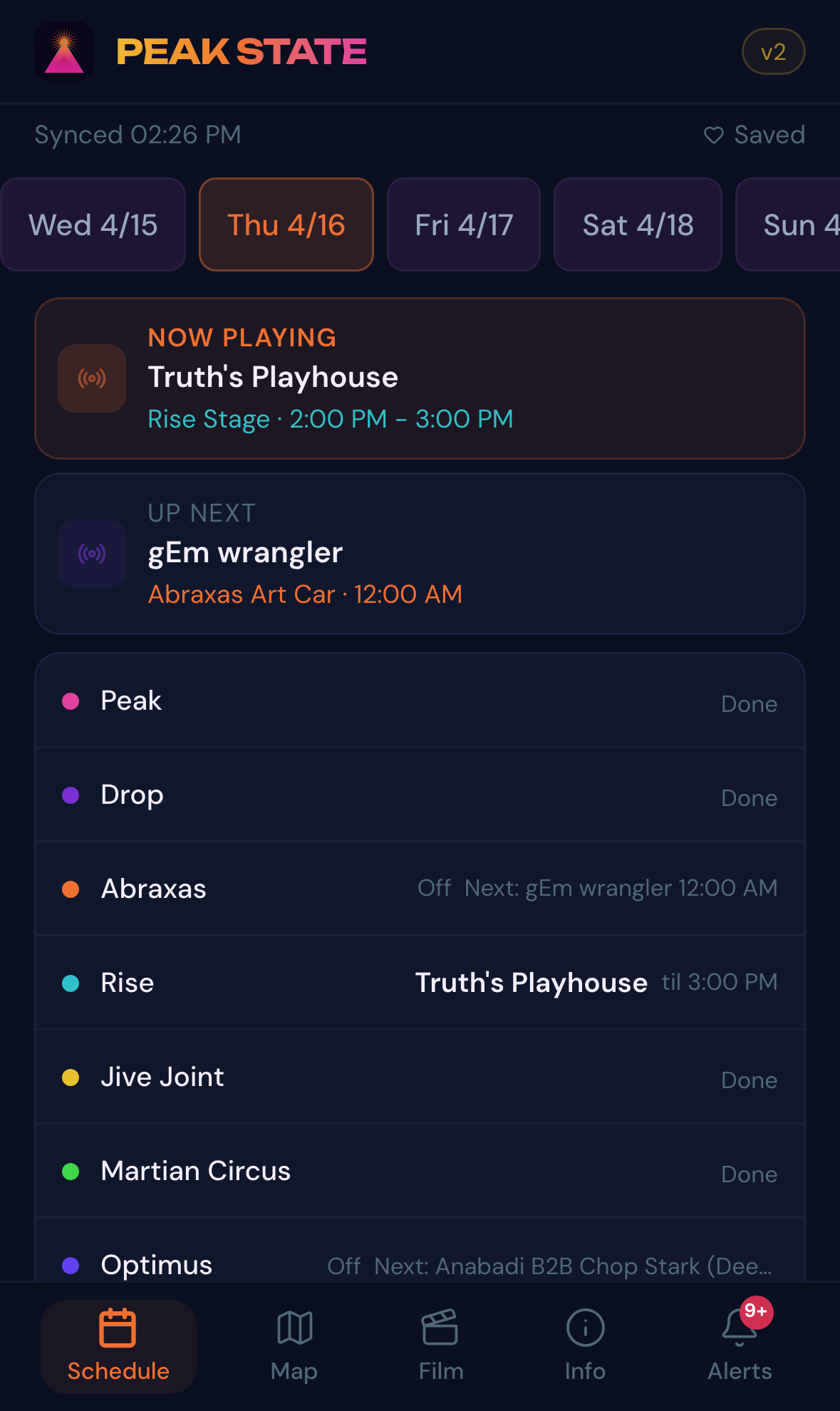 Schedule tab: now playing Truth's Playhouse, up next gEm wrangler, six-stage overview