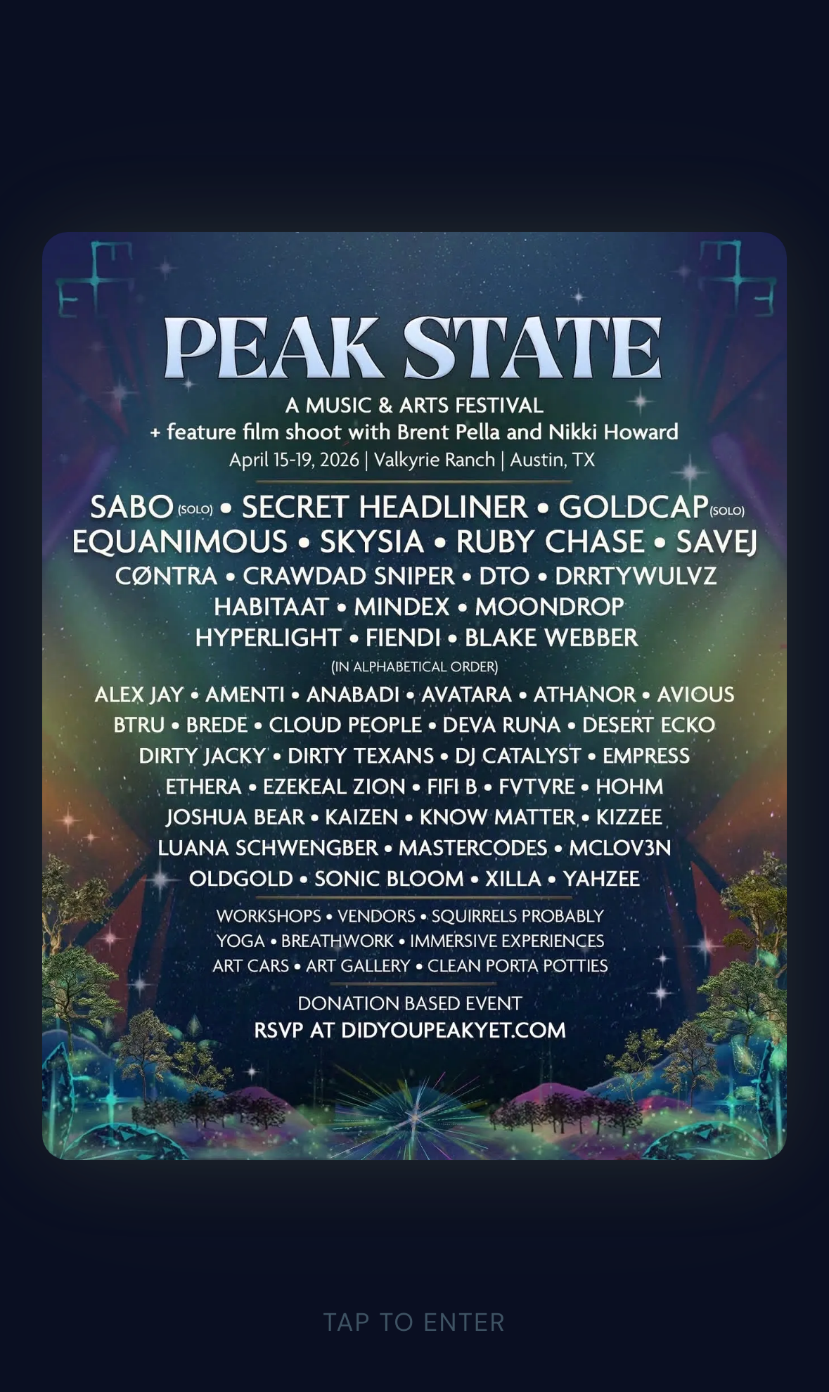 App splash: Peaking poster with full lineup, "tap to enter" prompt
